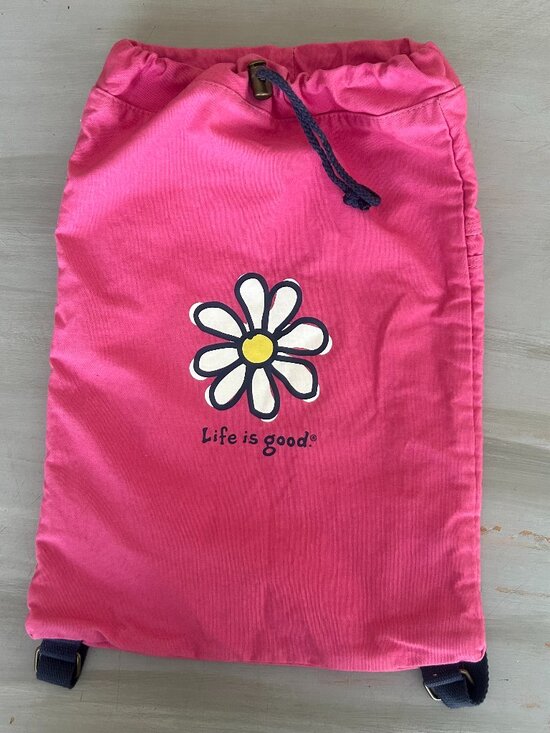 Life Is Good Handbags - NWOT Life is Good Canvas Drawstring Backpack Daisy Logo Camp Overnight School Ne